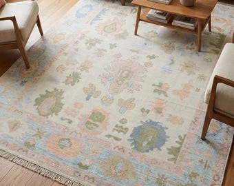 Hand Knotted Wool Area Rug Ivory Field Sky Blue Border Pastel Oushak Carpet Soft Floral Living Room Decor