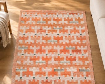 Terracotta Orange Geometric Kilim - Handwoven Rust Cream Wool Area Rug with Abstract Step Design