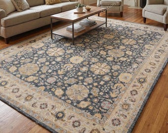 Hand Knotted Oushak Rug in Charcoal & Antique Gold | Vintage Floral Wool Area Rug