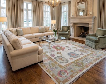 Hand-Knotted Wool Oushak Rug | Ivory & Multi-Color Oriental Carpet 5x8