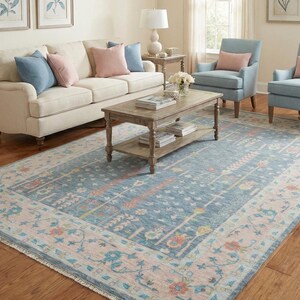Hand Knotted Wool Area Rug Navy Field Green Border Indigo Oushak Carpet Regal Living Room Decor