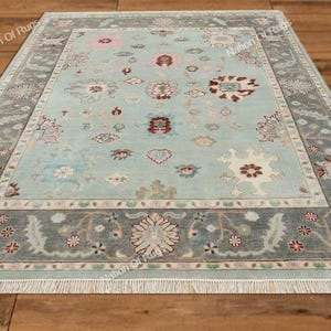 Aqua Oushak Wool Rug | Hand Knotted Pastel Turkish tapete Light Blue Pink Oriental Area Rug | Soft Floral Living Room Decor soft floral rug