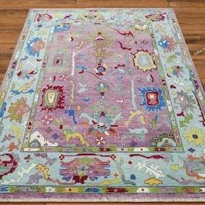 Colorful Turkish Oushak Rug in Pink and Blue | Hand Knotted Wool Area Rug | Sizes 5x8 to 12x15 | Modern Handmade Oushak tapis, Pet friendly