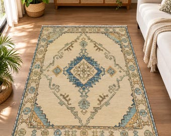 Hand Knotted Wool Area Rug: Beige & Blue Geometric Southwestern Carpet