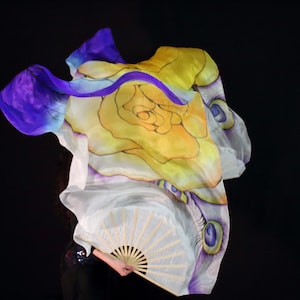 Eventails 150 cm Silk fans "Panaché" purple and yellow design 60'' bellydance fans veil