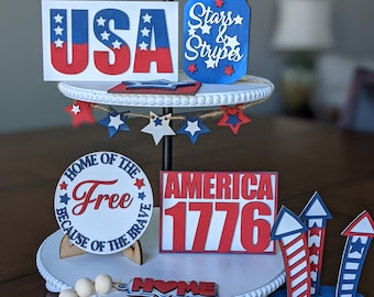 4th of July Tiered Tray Decor, Patriotic Mini Signs