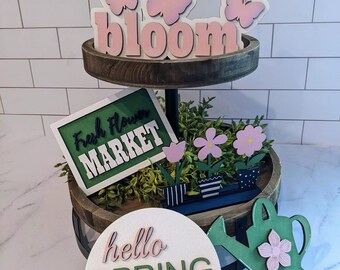 Spring Tiered Tray Signs, Flower Garden Decor, Housewarming Gift