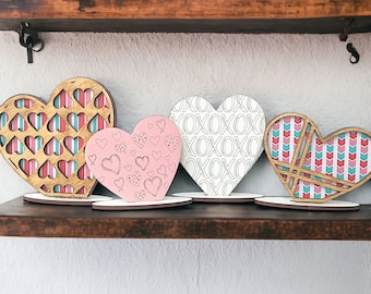 3D Wood Heart Set, Valentines Day Decor, Handmade Shelf Sitters