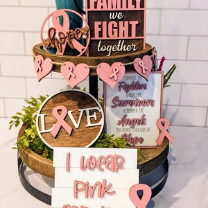 Cancer Tiered Tray Decor, Wear Pink, Gift For Her, Mother's Day Gift, Cancer Awareness, Cancer Survivor Gift, Fight Gift, Housewarming Gift