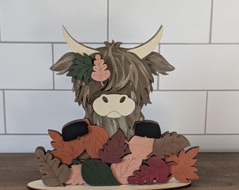 Fall Highland Cow Decor, Rustic Autumn Leaves Tiered Tray Sign