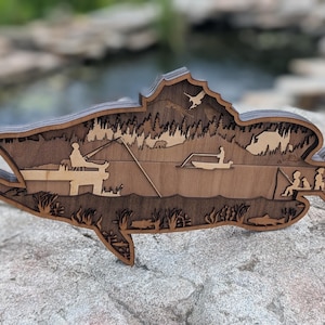 Fishing Gift for Dad or Grandpa, Fish Silhouette Cabin Scene, Handmade Wood Wall Art for Lakehouse, Cabin, Lakehouse, or Man Cave Decor