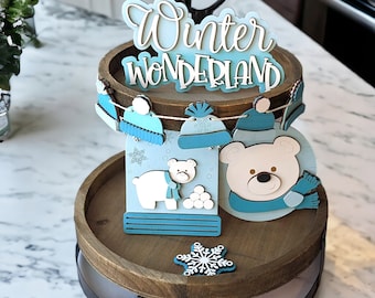 Winter Tiered Tray Signs, Bear Snow Decor Set