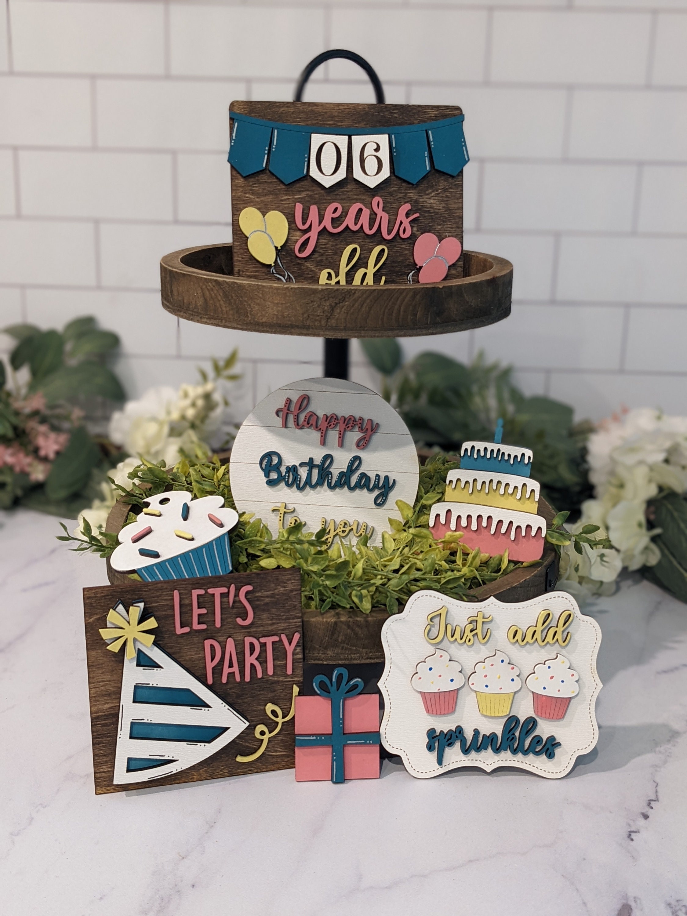 Birthday Tiered Tray Set, Birthday Decor, 3D Signs, Tiered Tray Decor, Happy Birthday, Mini Signs, Housewarming Gif, Gift For Her, Gift