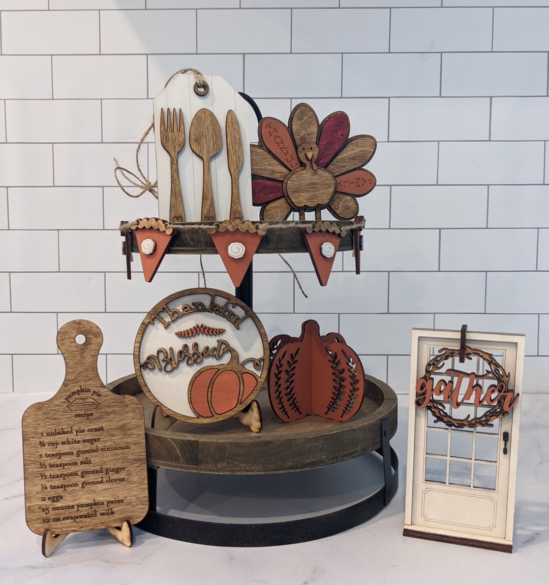2-Piece Wooden Turkey Table Signs – Rustic Fall Thanksgiving Decor, Farmhouse Tiered Tray Centerpiece Blocks - View #5