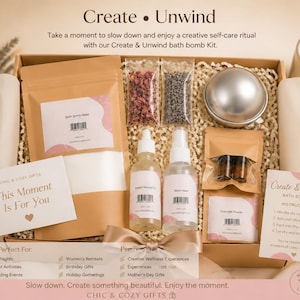 May include: A bath bomb kit in a cardboard box containing a pouch of bath bomb base, two small bags of dried botanicals, a metal sphere mold, two spray bottles, two small vials, a pouch of goat milk powder, and two printed instruction cards.