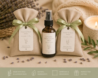 Bolsitas aromáticas de lavanda para cajones y set de spray para almohadas / Ambientador para armarios / Spray para ropa de cama / Regalo de fragancia acogedora para el hogar