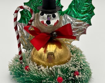 Vintage Snowman on Bottle Brush Wreath, Japan