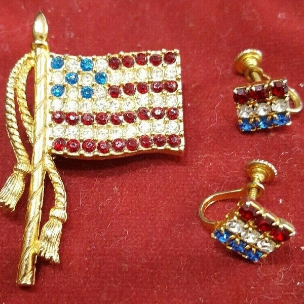 Vintage RAFAELLA Red White Blue Rhinestone U.S. Flag Brooch Pin and Unsigned Earrings