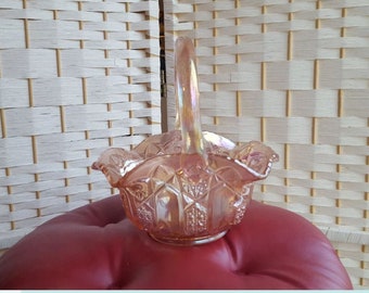 Vintage L.E. Smith Iridescent Pink Carnival Glass Basket