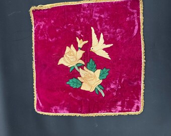 Antique Handmade Punch Needle Chenille Embroidered Pillow Cover with Bird and Roses
