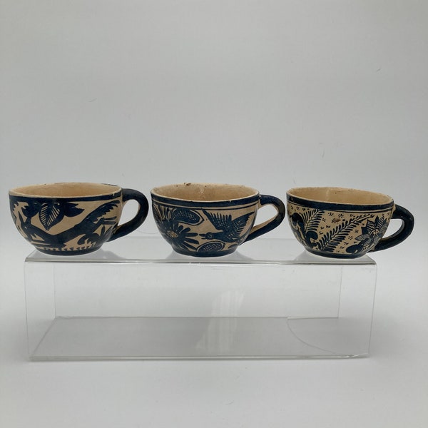 3 Vintage Mexican Pottery Blue and Cream Cups.