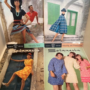 May include: Four vintage issues of "Spinnerin" knitting magazine featuring colorful knitted garments and models. The covers feature the magazine title, volume number, price, and a tagline. The taglines are "Vibrantly Vital", "Pulsating and Provocative", and "Incredible Fashions".