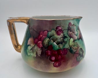 Antique Hand Painted, Signed, D & Co. Limoges Cider Pitcher with Grapes
