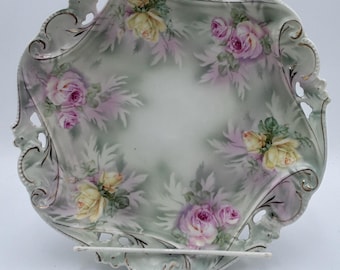Antique Royal Bayreuth Bavaria Shallow Bowl. Hand Painted With Roses, Reticulated Rim and Gold Trim