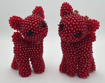 RARE Pair of Handcrafted, Push Pin Beaded, Flocked, Table Top, Blow Mold Deer