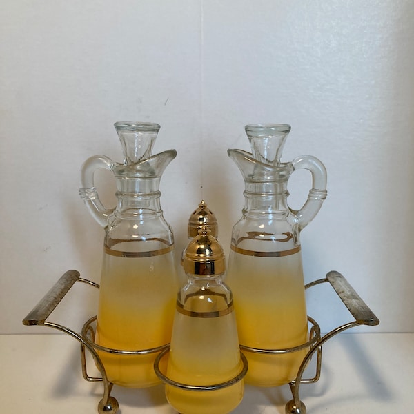 Hazel Atlas Yellow Blendo Glass Cruet and Salt & Pepper Set with Carrying Rack [beesme]