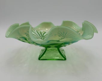 Antique Jefferson Beaded Fan/Shell and Dots Uranium Opalescent Ruffled Bon Bon