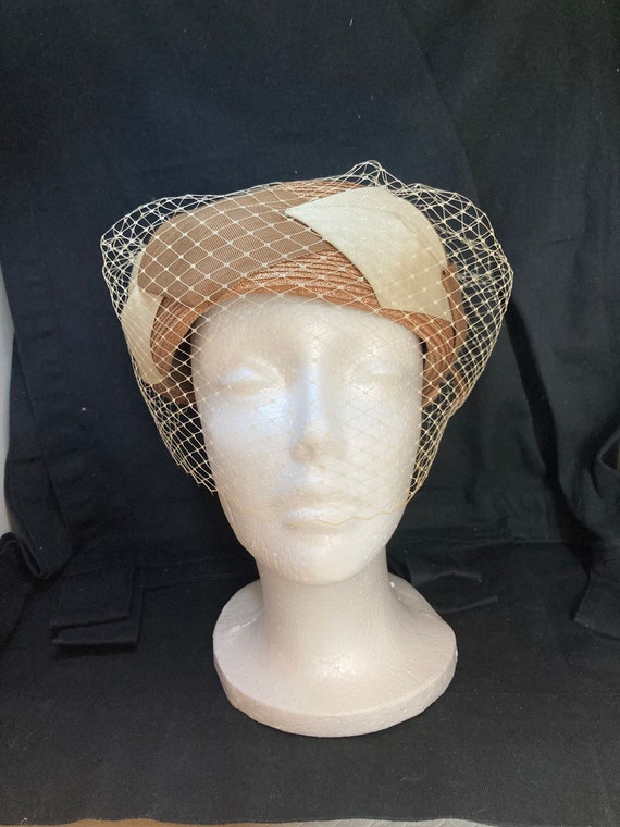 Vintage 50s Pillbox Straw Hat with Blusher Veil [… - image 1