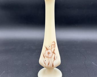 Fenton Hand Painted Signed Satin Glass Swung Bud Vase with Label