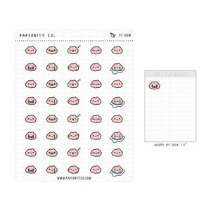 Puede incluir: Una hoja de pegatinas con 25 ilustraciones de cerebros rosas con diferentes expresiones faciales. Las pegatinas están dispuestas en una cuadrícula y incluyen expresiones como sonreír, fruncir el ceño, dormir y llorar. La hoja está etiquetada como "PAPERBITS CO." y "ST-183M".