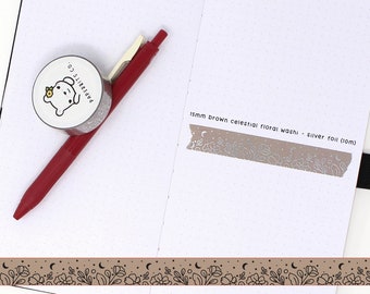 Washi Tape - 15mm - Brown Celestial Florals with Silver Foil (WS-037)