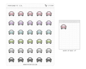 May include: A sticker sheet from Paperbits Co. featuring thirty small, colorful car illustrations in six rows. The cars are pink, purple, blue, green, white, and gray. A size reference box shows one car with a width of 1.5 inches.