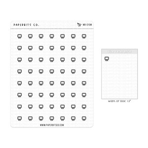 Könnte beinhalten: Ein Bogen Planer-Aufkleber mit kleinen schwarzen Computer-Monitor-Symbolen. Die Aufkleber sind in Reihen und Spalten auf weißem Hintergrund angeordnet. Der Text "PAPERBITS CO." und "MB-010M" sind ebenfalls sichtbar. Die Breite der Box beträgt 3,8 cm.