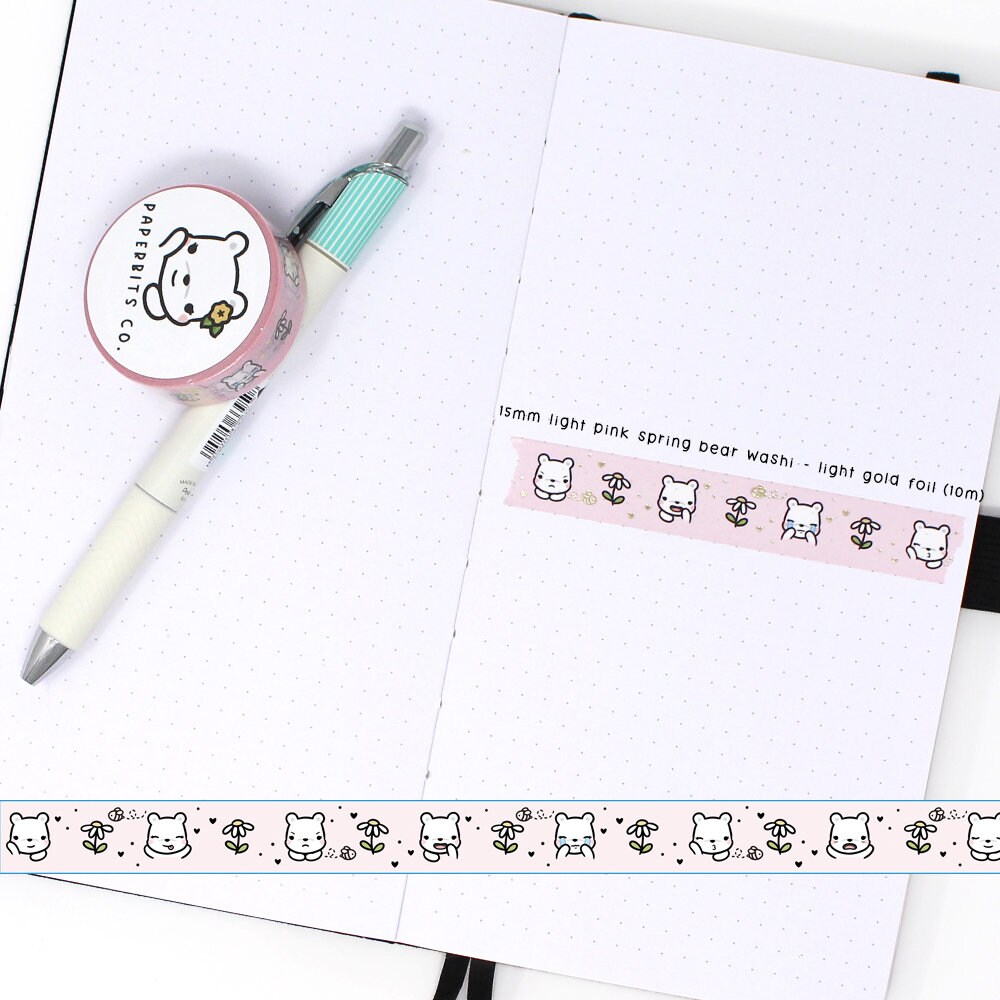 Washi Tape - 15mm -  Light Pink Spring Bears with Light Gold Foil (WS-041)