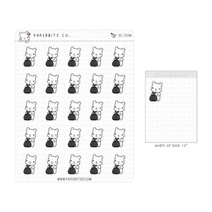 May include: Sheet of stickers featuring a repeating pattern of cartoon bear characters holding black bags. The stickers are white with black accents and are labeled "PAPERBITS CO." and "BC-250M". The size reference box is 1.5 inches wide.