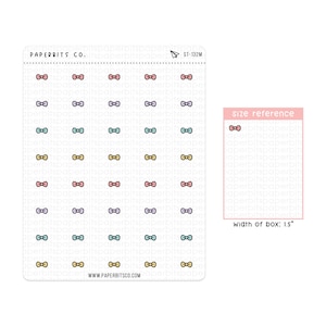 May include: A sheet of stickers featuring a variety of coloured bow designs. The sheet is white with a grid pattern. The stickers are arranged in rows and columns. The sheet includes a size reference box with a single bow sticker. The text "ST-132M" and "PAPERBITS CO." are at the top of the sheet. The text "WWW.PAPERBITSCO.COM" is at the bottom of the sheet. The text "size reference" and "width of box: 1.5" are on the right side of the sheet.