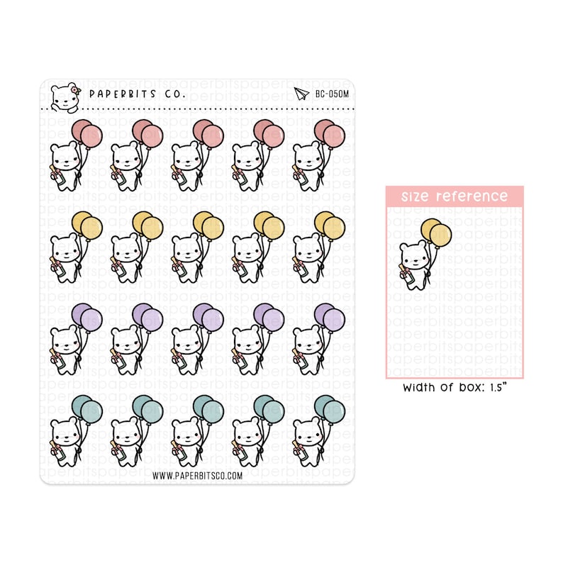 Bear Character Champagne/Wine and Balloons BC-050 1 Sticker Sheet // For Planners and Bullet Journals image 1