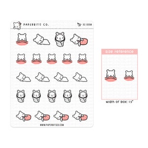Puede incluir: Una hoja de pegatinas con varias ilustraciones de un oso con una manta. Las pegatinas están sobre un fondo blanco con el texto "PAPERBITS CO." y "BC-006M". Una imagen de referencia de tamaño muestra dos osos con mantas, con el texto "size reference" y "width of box: 1.5" pulgadas.
