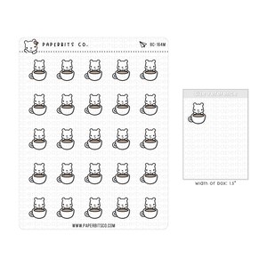 May include: A sheet of 25 bear-shaped stickers with a cup of coffee. Each sticker is approximately 1.5 inches wide. The stickers are white with black outlines and feature a brown coffee cup.