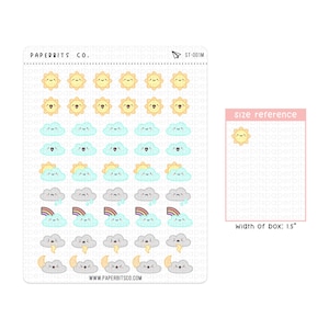 Könnte beinhalten: Eine Blatt mit Wetter-Stickern mit verschiedenen niedlichen Cartoon-Illustrationen von Sonnen, Wolken, Regenbögen und Blitzen. Die Sticker sind in Reihen und Spalten auf einem weißen Hintergrund angeordnet. Der Text "PAPERBITS CO." und "ST-001M" ist oben auf dem Blatt gedruckt. Eine Größenreferenzbox zeigt einen einzelnen Sonnensticker mit dem Text "width of box: 1.5" darunter.