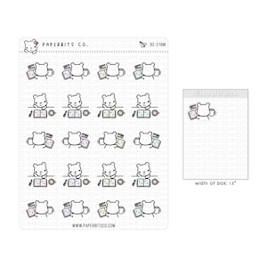 May include: A sheet of 16 stickers featuring a white bear holding a book and a cup of coffee. The stickers are 1.5 inches wide and are perfect for adding a touch of whimsy to your planner, journal, or laptop.
