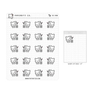 Könnte beinhalten: Ein Bogen Sticker mit 12 weißen Bärenillustrationen mit schwarzen Umrissen. Jeder Bär hält einen Bleistift und einen Notizblock. Die Sticker sind in einem Raster angeordnet. Der Text "PAPERBITS CO." und "BC-146M" ist oben auf dem Bogen gedruckt. Ein Größenreferenzbild zeigt einen einzelnen Bären-Sticker mit dem Text "size reference" und "width of box: 1.5" darunter.