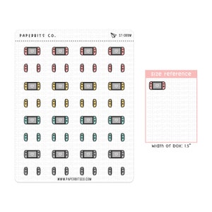 May include: A sheet of stickers featuring various colored Nintendo Switch game consoles with hearts. The stickers are arranged in a grid pattern and include a size reference box with the text "width of box: 1.5" inches.
