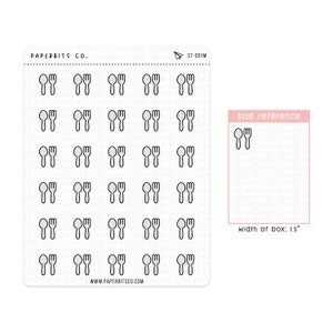 May include: A sheet of clear sticker paper with 30 black and white outline stickers of a spoon and fork. The sheet is labeled "PAPERBITS CO." and "ST-091M". A size reference shows two stickers with the text "size reference" and "width of box: 1.5"