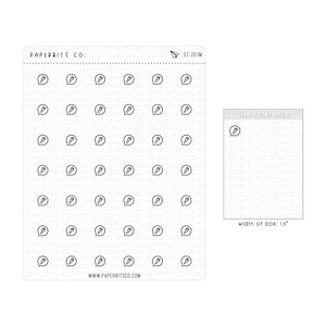 May include: A sheet of 49 small black and white sticker icons of a lightbulb inside a speech bubble. The sheet is labeled "PAPERBITS co." and "ST-201M". A size reference shows a single sticker icon with the text "size reference" and "width of box: 1.5" inches.