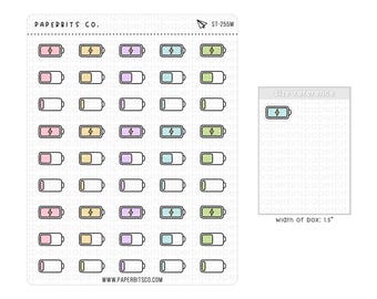 Niedliche pastellfarbene Akkuladeanzeige-Symbole (ST-255) - 1 Stickerbogen // Für Planer und Bullet Journals